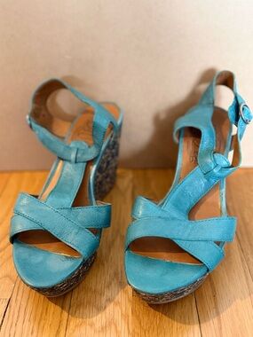 Kork-Ease Turquoise Leather Wedge Sandals
